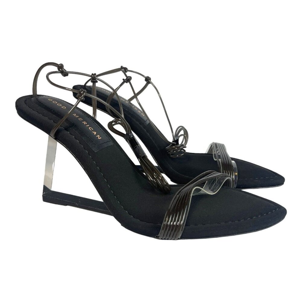 Good American Size 6 Black Ankle Strap Clear‎ Wedge Heel GA080N-X Prom Date NEW